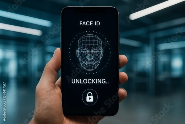 Fototapeta Phone Face ID unlocking biometric security technology. AI generated