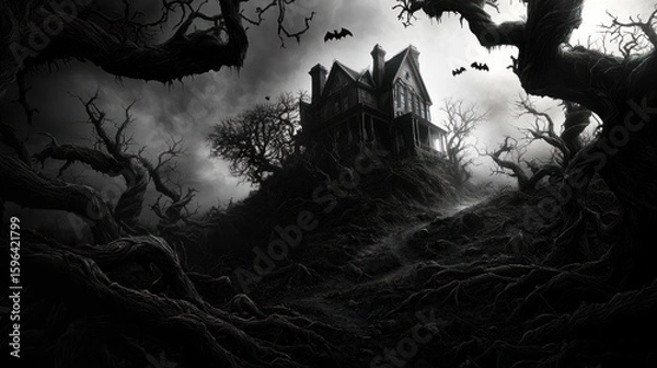 Obraz Haunted mansion on hilltop in spooky forest at night