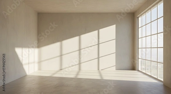 Fototapeta Sunlit Interior Space: An empty interior space bathed in sunlight, showcasing architectural design elements with minimalist aesthetics and natural light, creating a serene atmosphere.