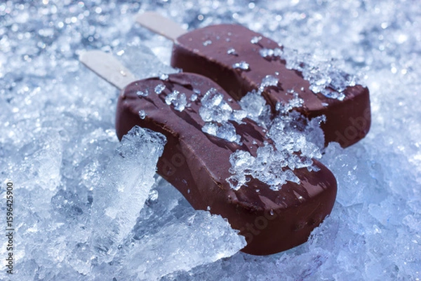 Fototapeta Chocolate coated popsicle in ice crystals, closeup view.