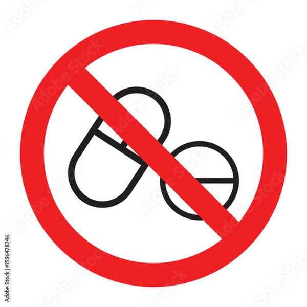 Fototapeta No Drugs Sign with Pill and Tablet Icon, Red Circle and Slash Indicating Drug Use Prohibited