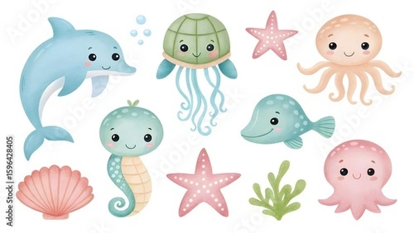 Fototapeta Cute watercolor sea creatures dolphin seahorse octopus starfish and shell