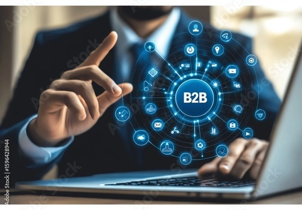 Fototapeta Businessman navigating B2B digital network on a laptop.