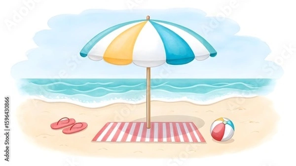 Fototapeta Beach umbrella with striped towel flip flops and beach ball by the ocean