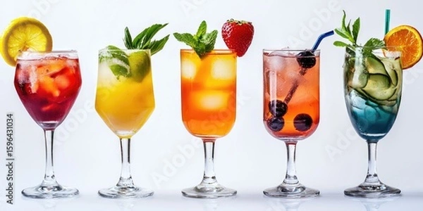 Fototapeta PNG set of six vibrant cocktails with color, garnish, and clear backgrounds