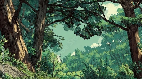 Fototapeta Lush green forest with tall trees and sunlight filtering through