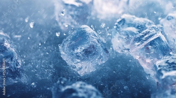 Fototapeta Ice cubes in water with drops and reflections in cool blue tones  