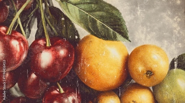 Fototapeta Ripe cherries and oranges with green leaves on textured background  