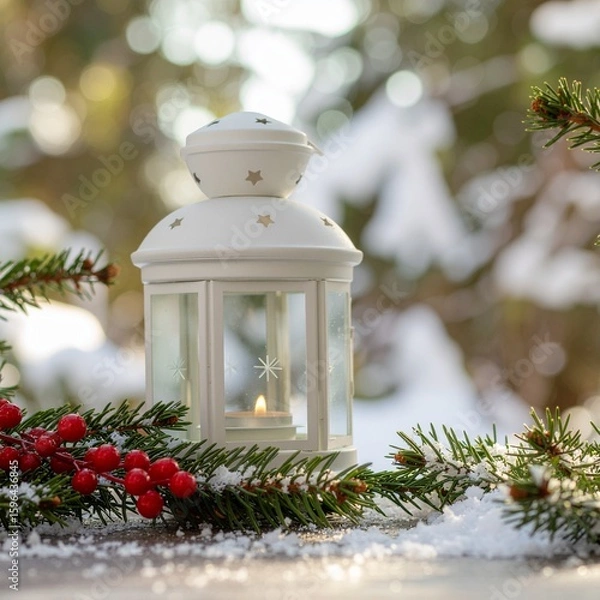 Fototapeta Winter Lantern Scene- Vintage-style lantern with a glowing candle, surrounded by snow