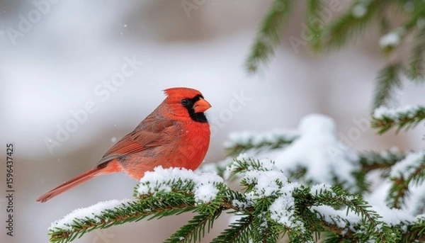 Fototapeta Christmas Bird Scene- Small red cardinal bird perched on snowy evergreen branches