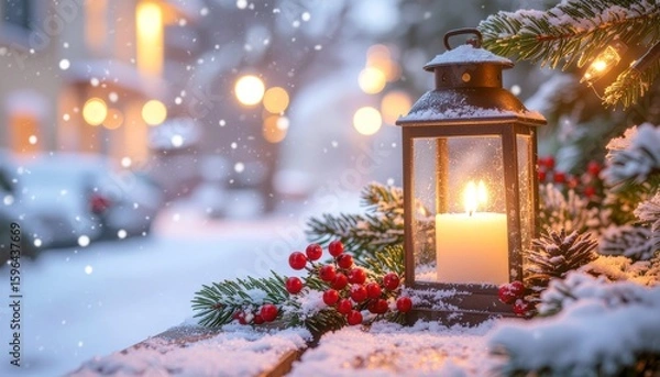 Fototapeta Winter Lantern Scene- Vintage-style lantern with a glowing candle, surrounded by snow