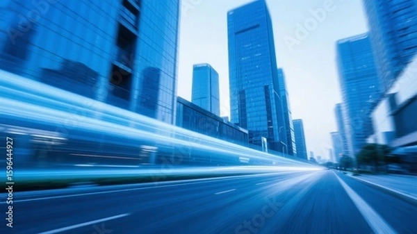 Fototapeta Blurred motion of vehicles on a city street with modern skyscrapers in the background