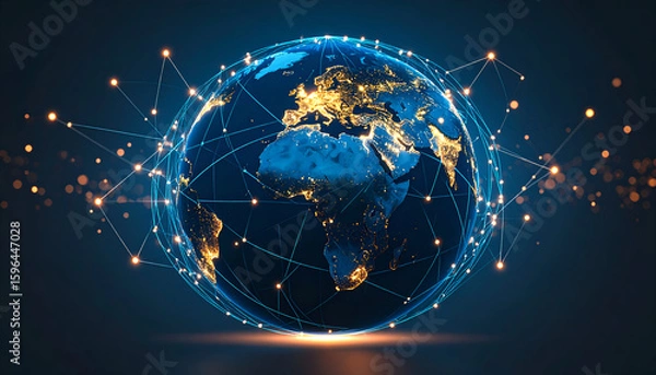 Obraz A digital globe connected by networks, symbolizing global connectivity and technology.