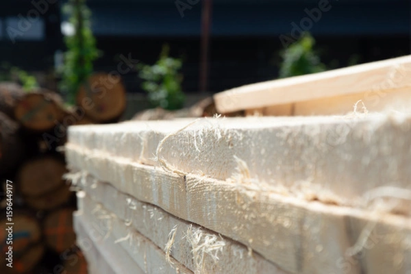 Obraz Wood planks are stacked in a sawmill yard, showcasing the fresh cut surfaces under bright sunlight, surrounded by logs
