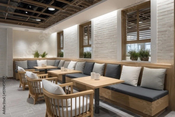 Fototapeta Scandinavian-inspired break zone with ash wood textures ivory-tiled walls natural rim lighting louvered windows ambient reflections off matte porcelain