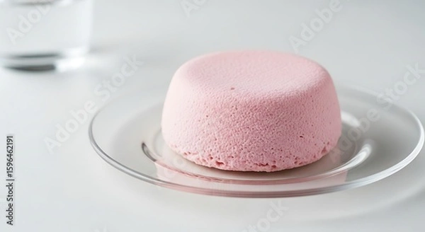 Obraz A single, round, pink dessert cake sits on a clear glass plate next to a glass of water, all against a white background.