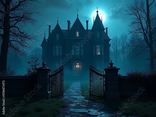 Fototapeta Eerie Victorian Mansion with Lantern-Lit Gate and Misty Forest Surroundings