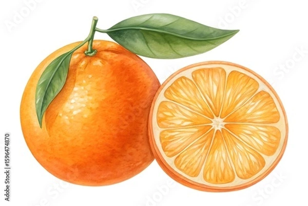Obraz A whole orange and a slice with leaves