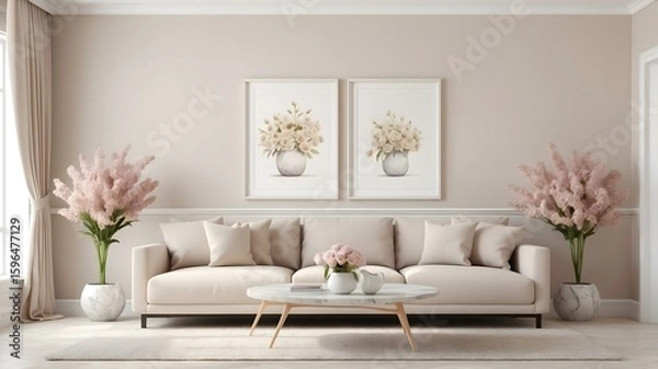 Fototapeta Living room with two vertical frame mockups, light sofa and interior decoration with ornamental plants, lamp and basket. 3d rendering, interior design