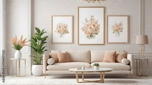 Fototapeta Bohemian living room interior. Living room with a sofa and picture frames bathed in warm sunlight- 3D rendering
