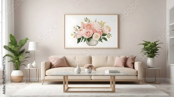 Fototapeta Modern interior living room features an sofa and decorative accessories against a white-colored wall- 3D rendering