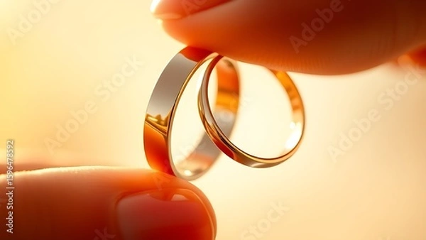 Fototapeta Two golden rings intertwined, symbolizing love and commitment with warm lighting.