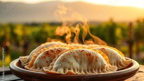 Fototapeta Traditional empanadas on rustic clay plate, steam rising against softly blurred vineyard in golden hour light.