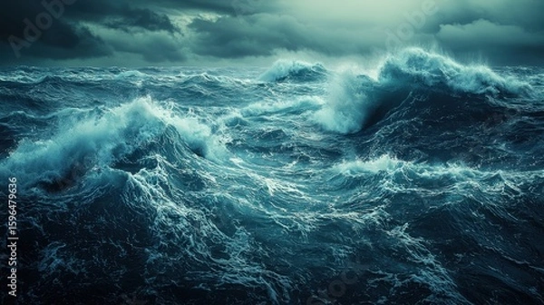 Fototapeta Rough stormy ocean waves crashing under dark stormy sky during turbulent weather, powerful sea with high surf and crashing white water, intense natural scene of the ocean