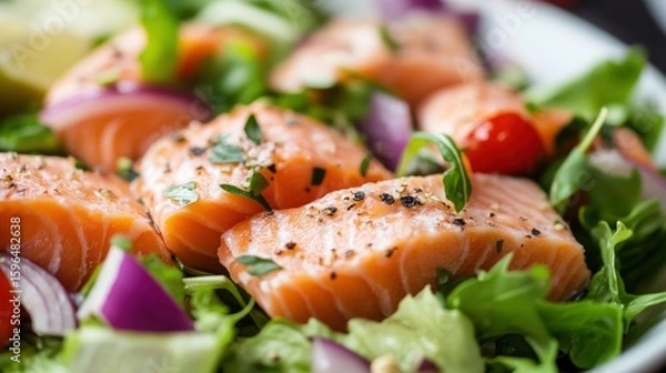 Fototapeta Salmon salad with mixed greens and vegetables.