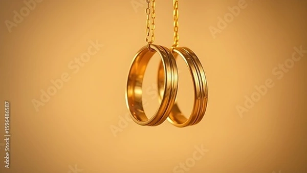 Fototapeta Golden wedding bands elegantly suspended against a soft neutral backdrop, symbolizing love and commitment.