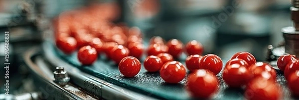 Fototapeta Processing ripe tomatoes on a conveyor belt in a factory during harvest season