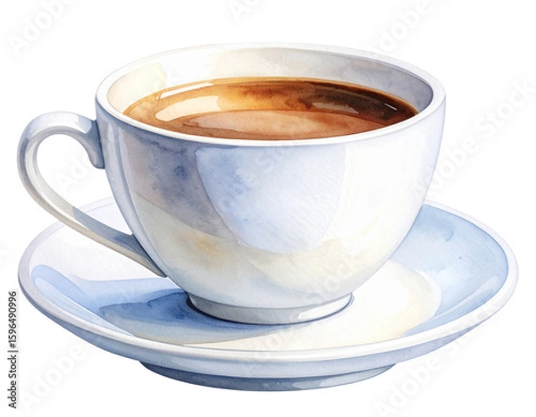 Obraz Watercolor Hand-Drawn White Coffee Cup with Soft Brush Texture and Gentle Shadows, Transparent PNG