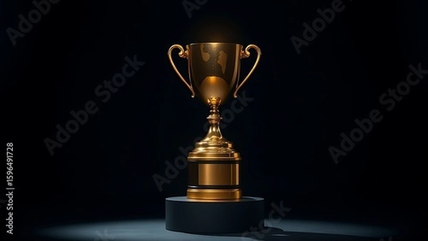 Fototapeta A gleaming gold trophy displayed on a pedestal, highlighted by dramatic studio lighting against darkness.