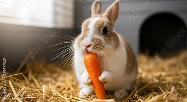Fototapeta Adorable Tan and White Rabbit Munching on a Bright Orange Carrot