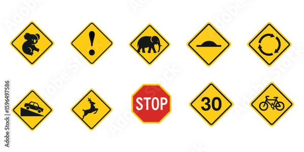 Fototapeta Road Traffic Signs Vector Set, Warning, Caution, Stop, Speed, and Animal Crossing