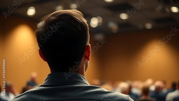 Fototapeta A lone listener in an auditorium, attentively focused under a soft spotlight from above.