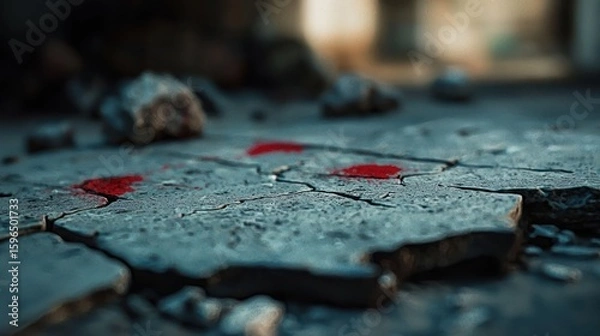 Obraz Cracked concrete floor with red stains, abandoned building in the background. Possible use crime scene, disaster