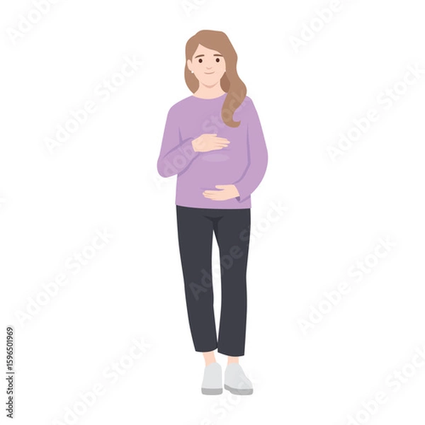 Fototapeta Pregnant Woman Smiling with Hands on Belly. Flat vector illustration isolated on white background