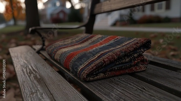 Obraz Folded blanket on park bench at autumn