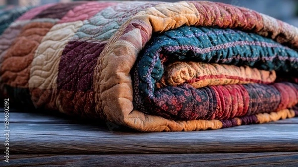 Obraz Rolled patchwork quilt on wooden outdoor table, warm evening light