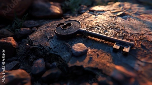 Fototapeta Antique key rests on weathered rock, golden hour light, nature background