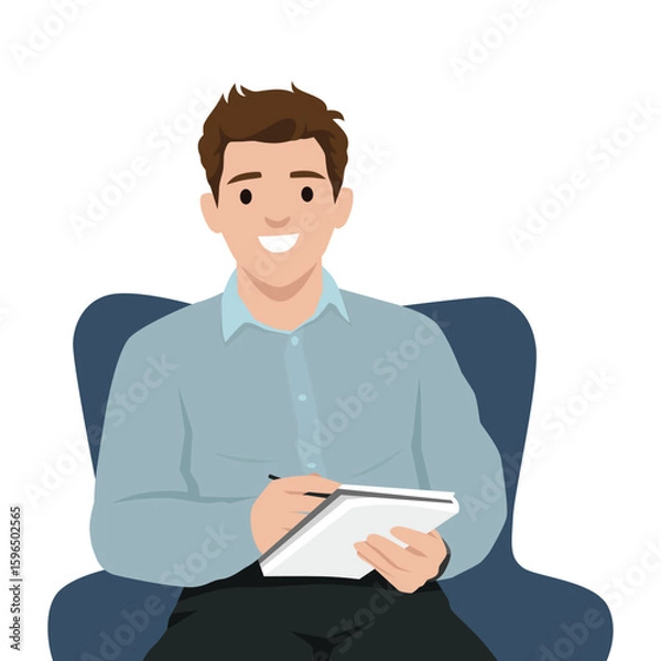 Fototapeta Smiling Man Sitting and Writing on a Notepad. Flat vector illustration isolated on white background