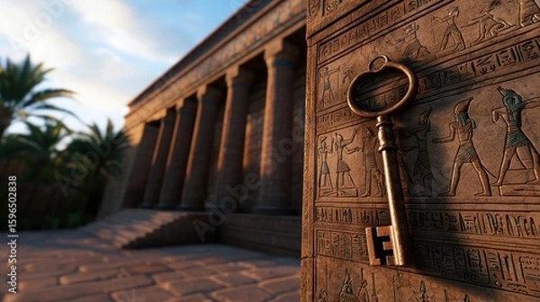 Obraz Antique key against ancient Egyptian temple facade at dawn