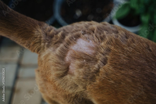 Obraz There is no piece of hair on the back of a dog, Eczema in a red dog. Hair loss in a domestic dog. Skin disease in a pet.