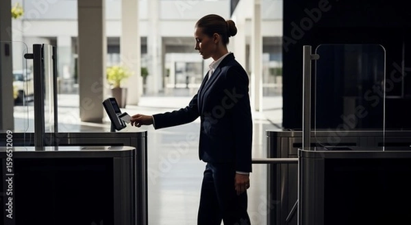 Fototapeta Elegant Businesswoman Accessing Modern Security Gate with Card Reader in Bright Lobby