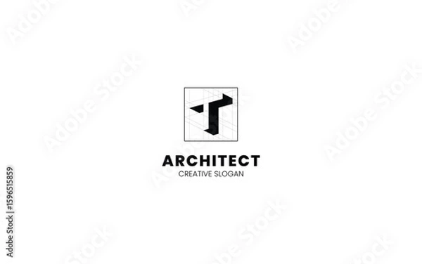 Fototapeta Letter T Architect logo with isometric bottom left view and technical sketch style