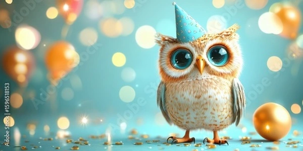 Obraz Festive owl wearing a party hat surrounded by balloons and decorations in a cheerful celebration setting