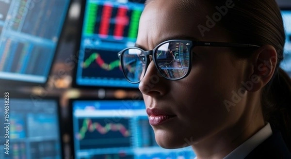 Fototapeta Focused Trader: Woman Analyzing Stock Market Data Reflected in Glasses