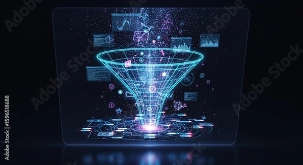 Fototapeta Futuristic Data Funnel: Holographic Display with Glowing Particles and Analytics