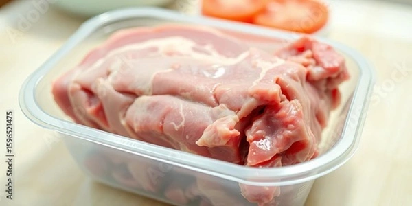 Fototapeta Raw lamb meat in a clear plastic foam tray, ready for cooking, cut, rack